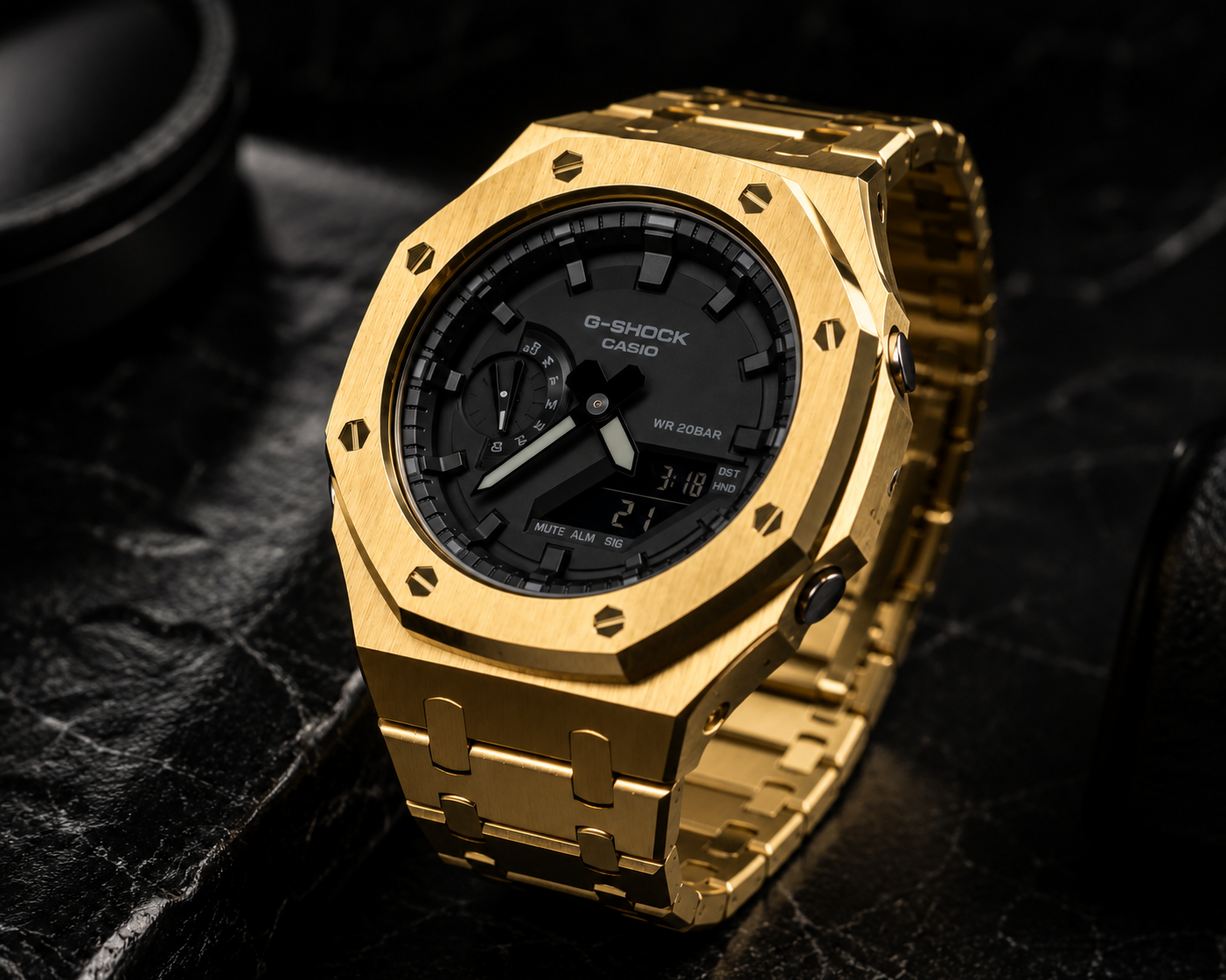 Midnight Gold Custom GA-2100 Mod Watch — Brushed Gold Steel Case & Bracelet | Made to Order