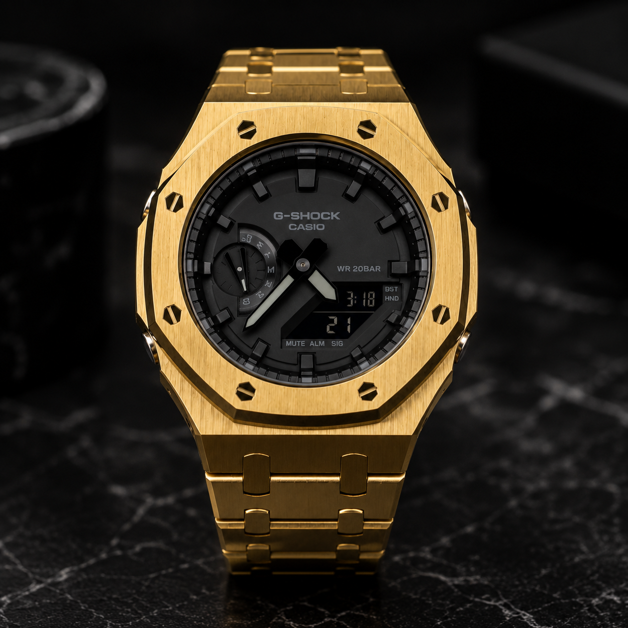 Midnight Gold Custom GA-2100 Mod Watch — Brushed Gold Steel Case & Bracelet | Made to Order