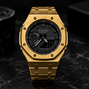 Midnight Gold Custom GA-2100 Mod Watch — Brushed Gold Steel Case & Bracelet | Made to Order