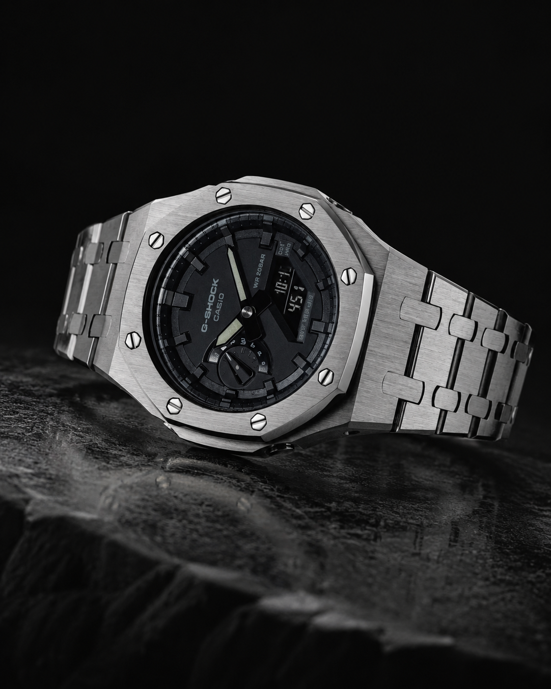 Steel Phantom GA-2100 Metal Watch — Brushed Silver & Black