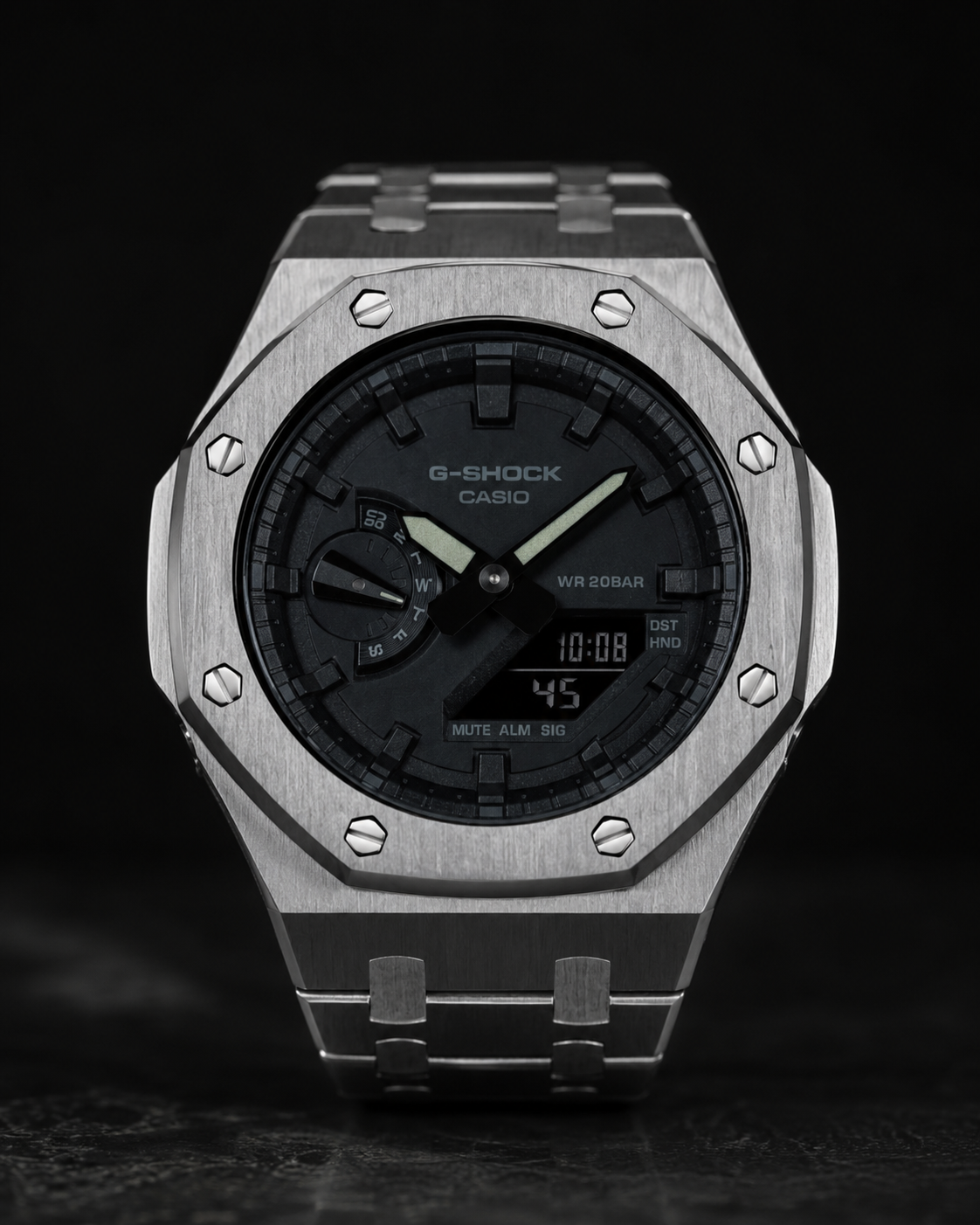 Steel Phantom GA-2100 Metal Watch — Brushed Silver & Black
