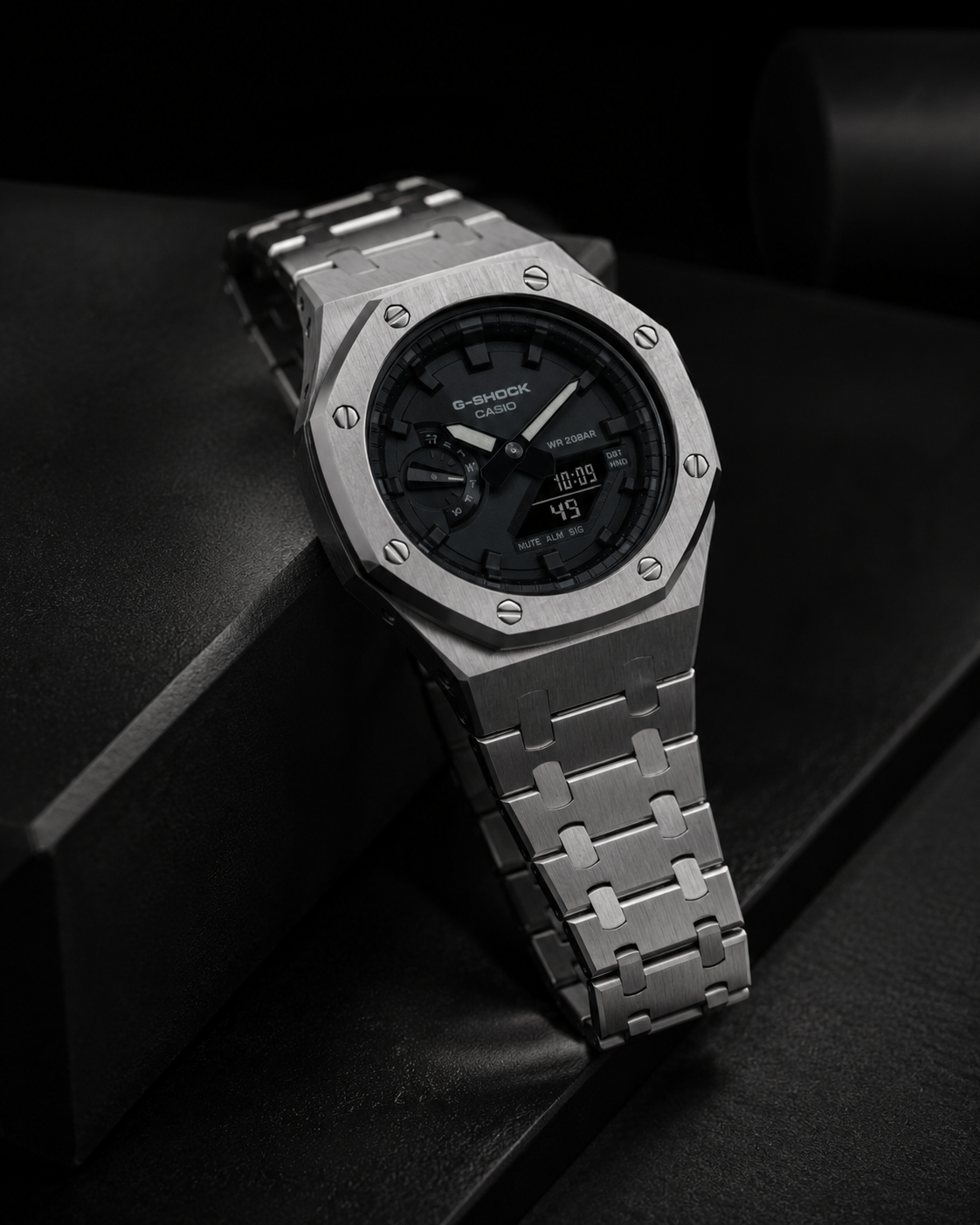 Steel Phantom GA-2100 Metal Watch — Brushed Silver & Black