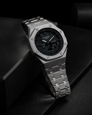 Steel Phantom GA-2100 Metal Watch — Brushed Silver & Black