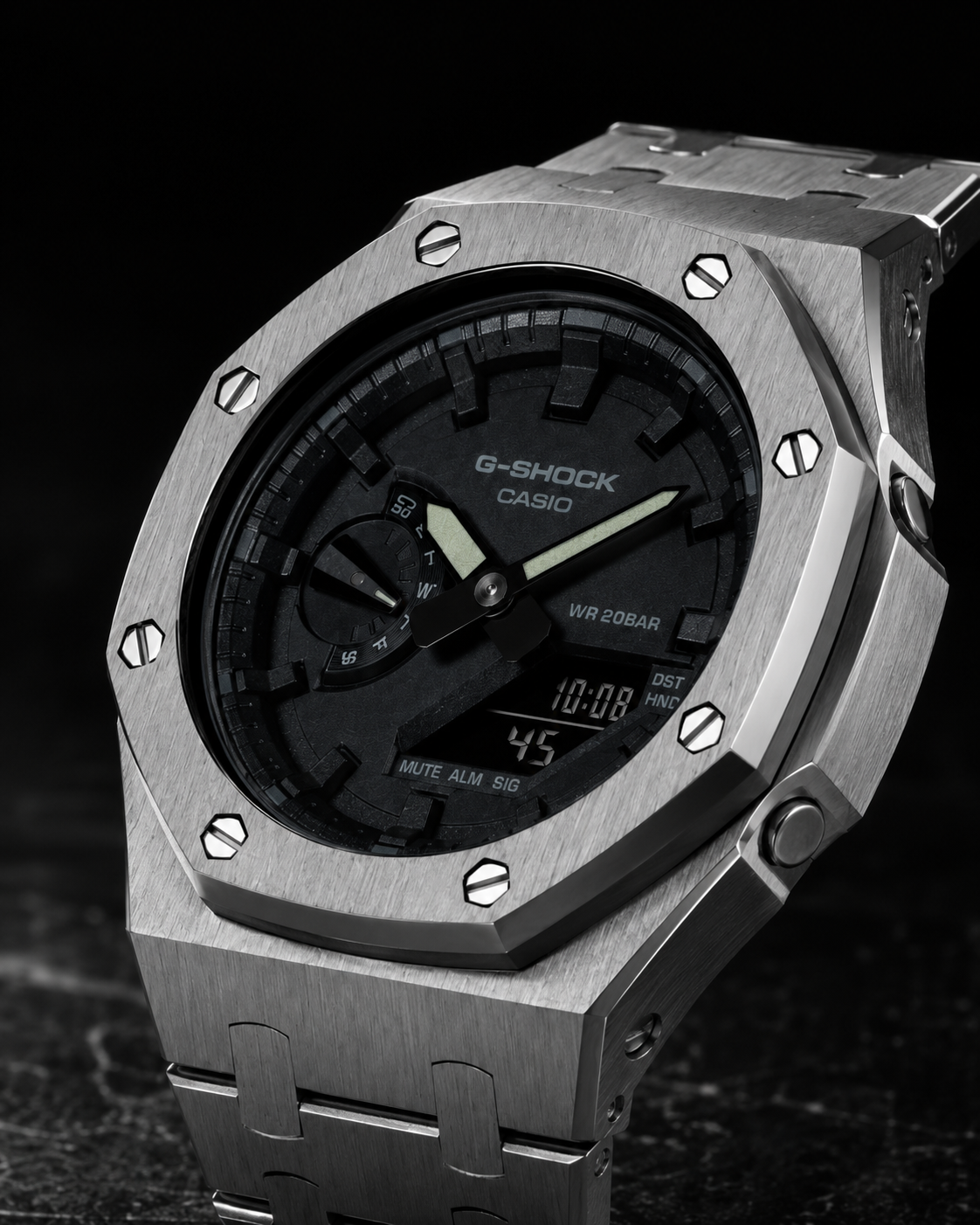 Steel Phantom GA-2100 Metal Watch — Brushed Silver & Black