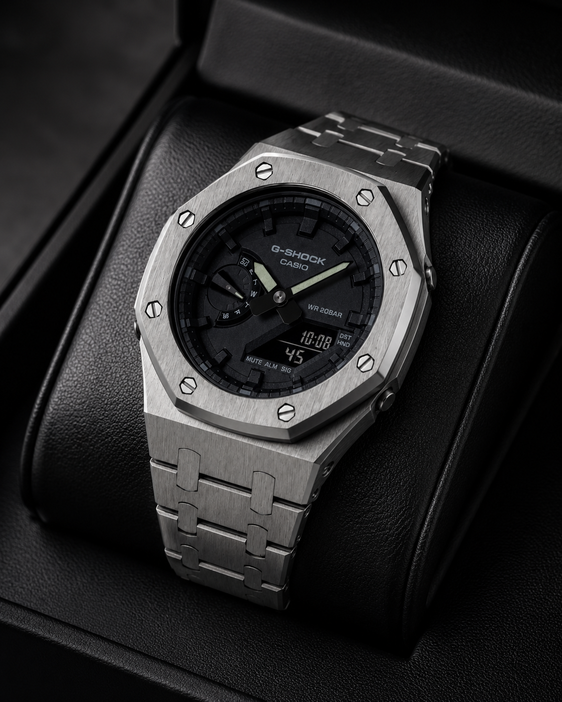 Steel Phantom GA-2100 Metal Watch — Brushed Silver & Black