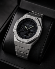 Steel Phantom GA-2100 Metal Watch — Brushed Silver & Black