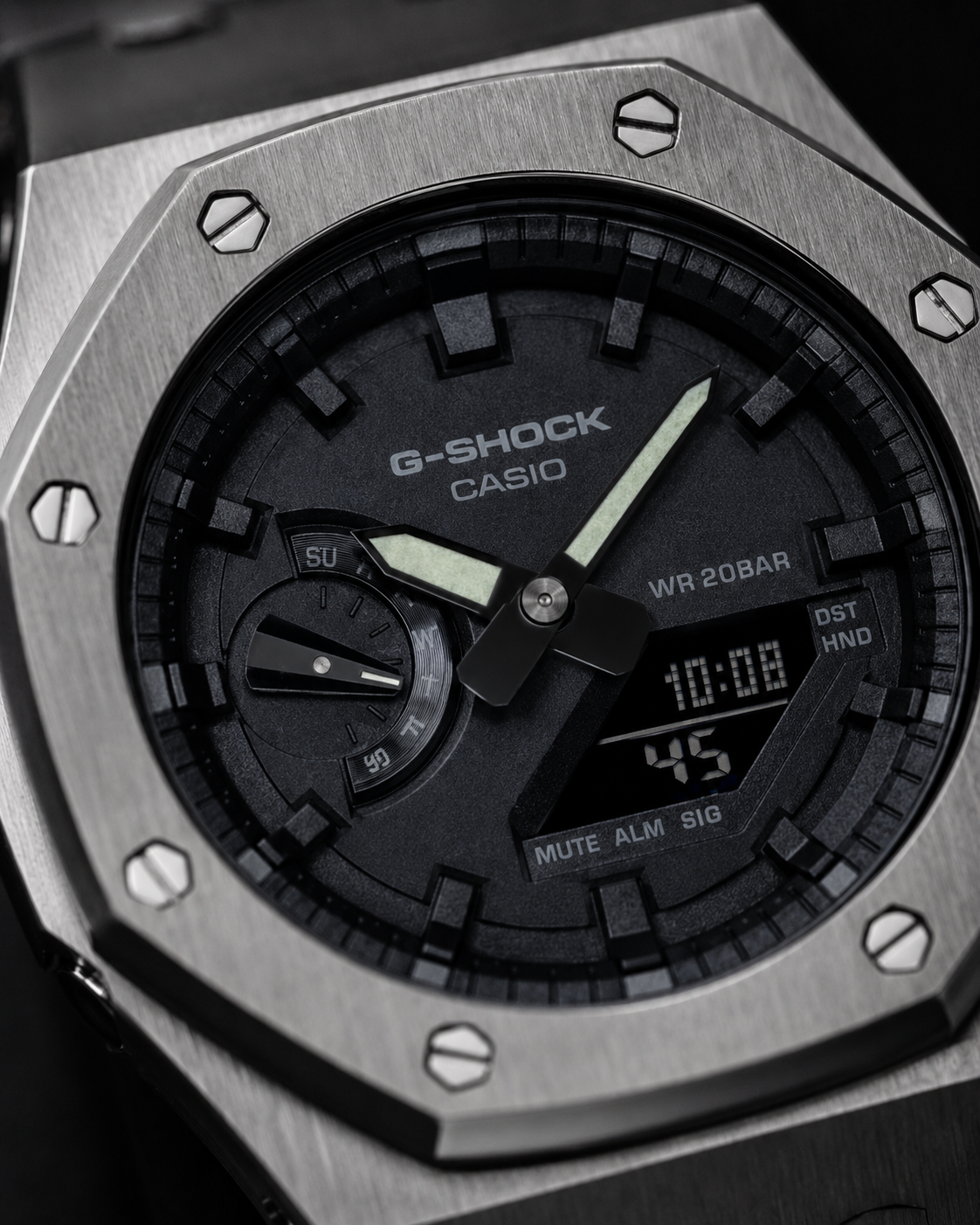 Steel Phantom GA-2100 Metal Watch — Brushed Silver & Black