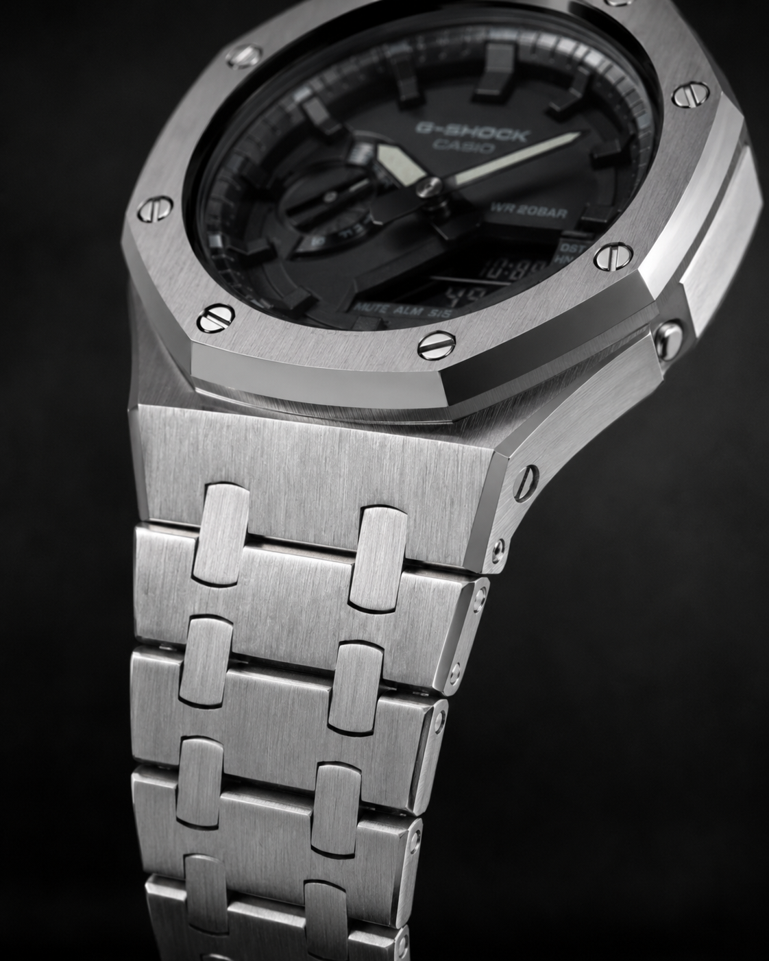 Steel Phantom GA-2100 Metal Watch — Brushed Silver & Black