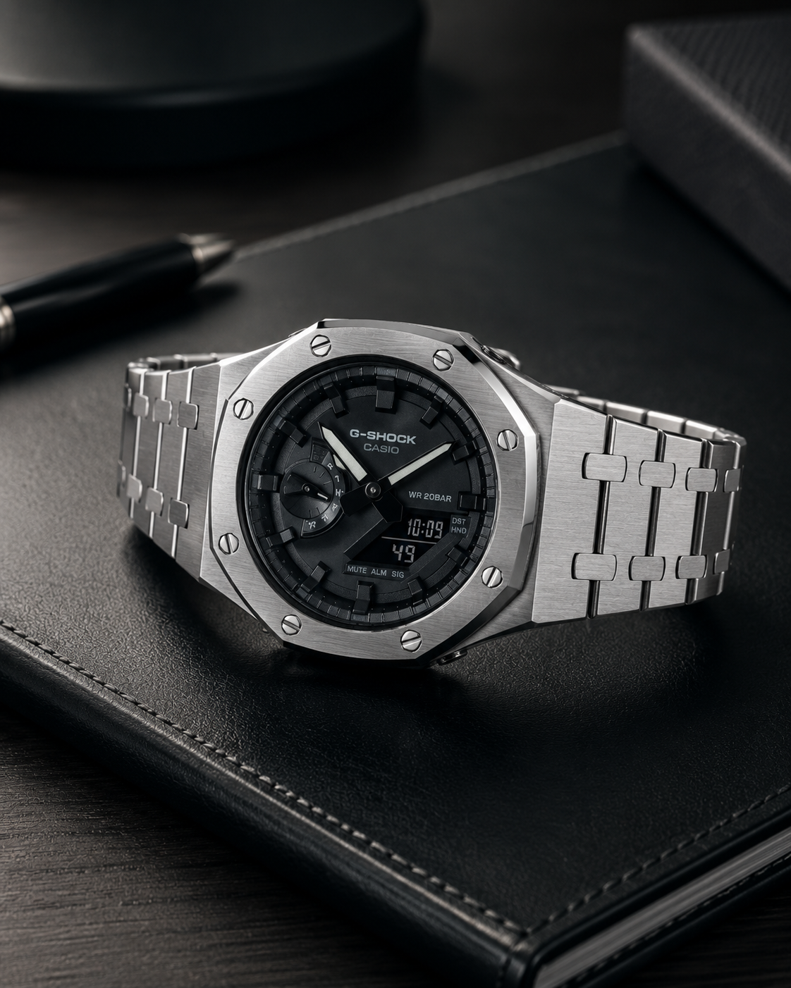 Steel Phantom GA-2100 Metal Watch — Brushed Silver & Black