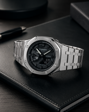 Steel Phantom GA-2100 Metal Watch — Brushed Silver & Black