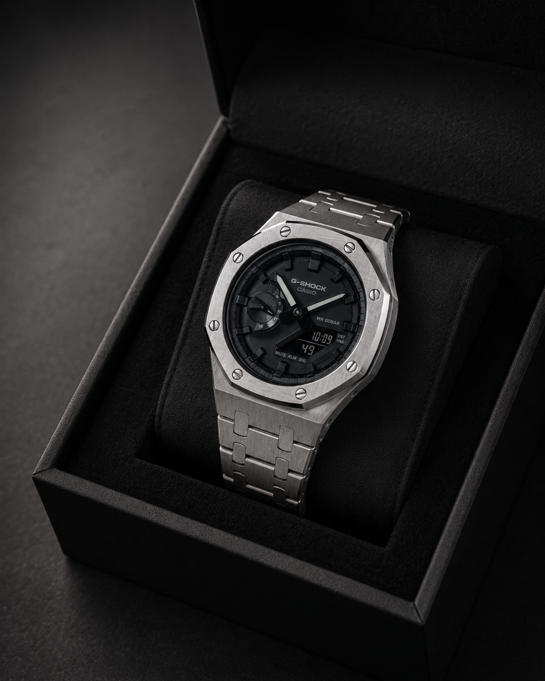 Steel Phantom GA-2100 Metal Watch — Brushed Silver & Black