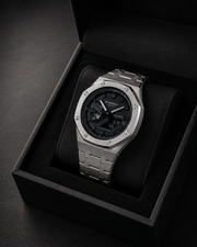 Steel Phantom GA-2100 Metal Watch — Brushed Silver & Black