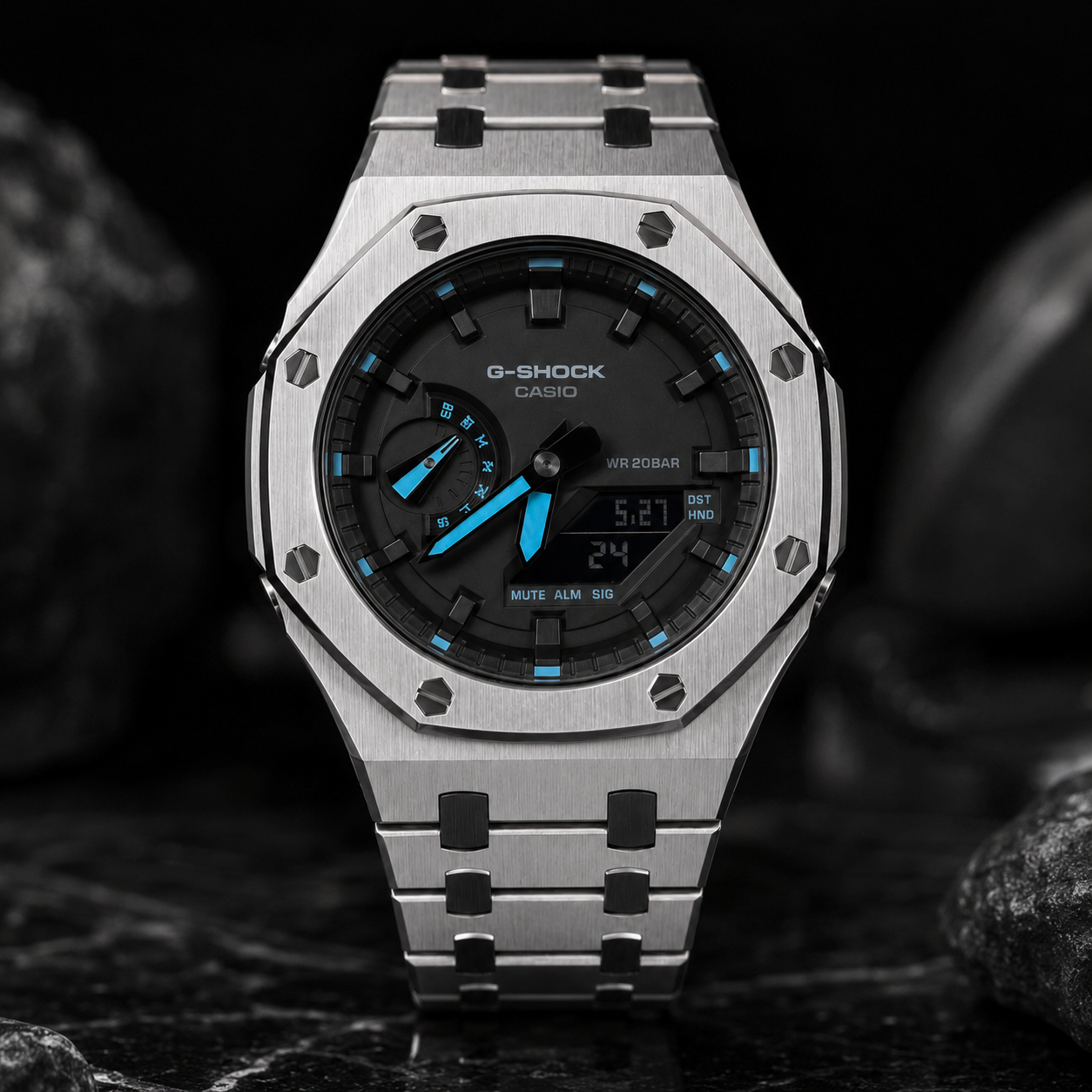 VANTAGE Ice Blue Steel GA-2100 | Brushed Metal G-Shock Watch
