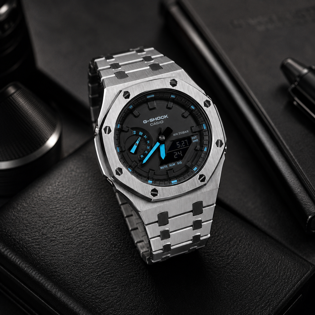 VANTAGE Ice Blue Steel GA-2100 | Brushed Metal G-Shock Watch