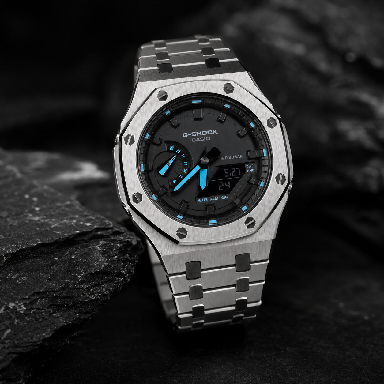 VANTAGE Ice Blue Steel GA-2100 | Brushed Metal G-Shock Watch