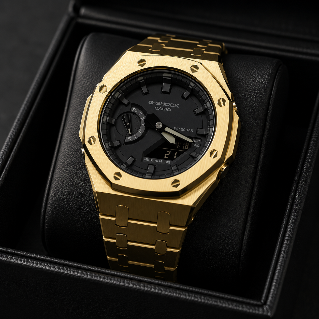 Midnight Gold Custom GA-2100 Mod Watch — Brushed Gold Steel Case & Bracelet | Made to Order
