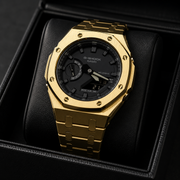 Midnight Gold Custom GA-2100 Mod Watch — Brushed Gold Steel Case & Bracelet | Made to Order