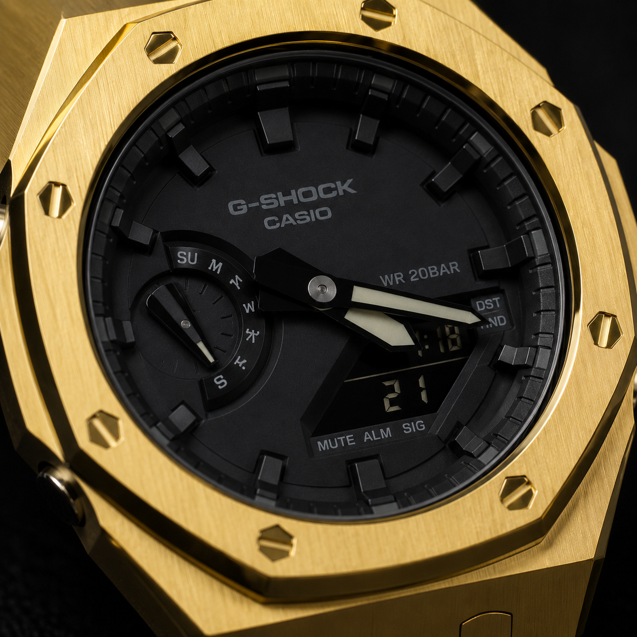 Midnight Gold Custom GA-2100 Mod Watch — Brushed Gold Steel Case & Bracelet | Made to Order