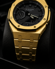 Midnight Gold Custom GA-2100 Mod Watch — Brushed Gold Steel Case & Bracelet | Made to Order