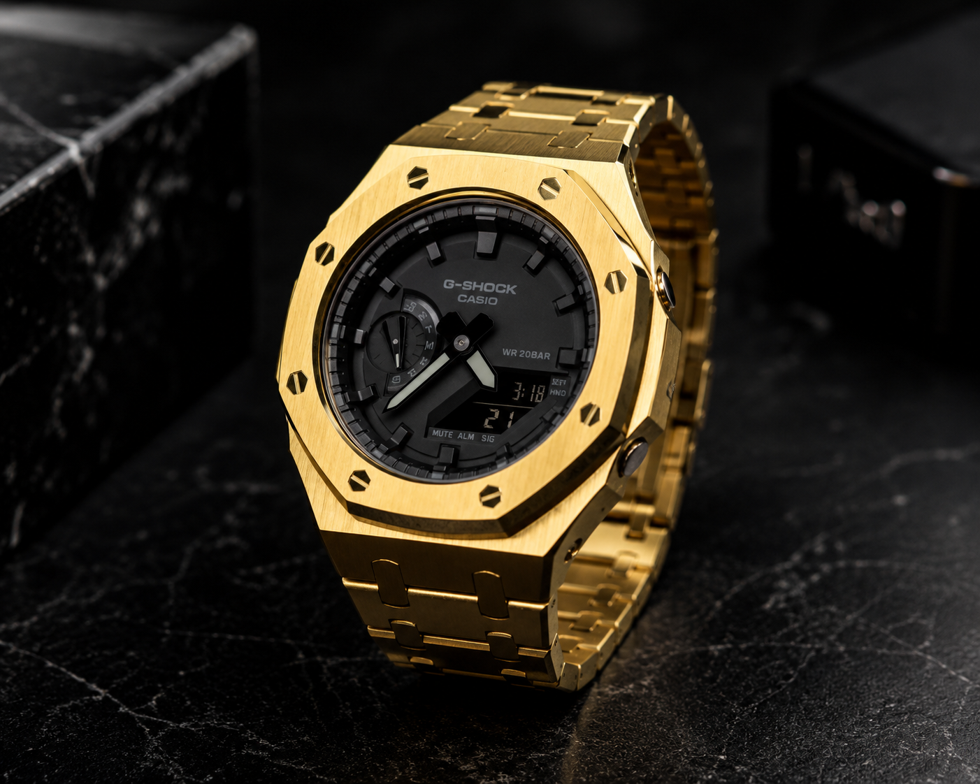 Midnight Gold Custom GA-2100 Mod Watch — Brushed Gold Steel Case & Bracelet | Made to Order