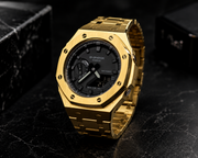 Midnight Gold Custom GA-2100 Mod Watch — Brushed Gold Steel Case & Bracelet | Made to Order